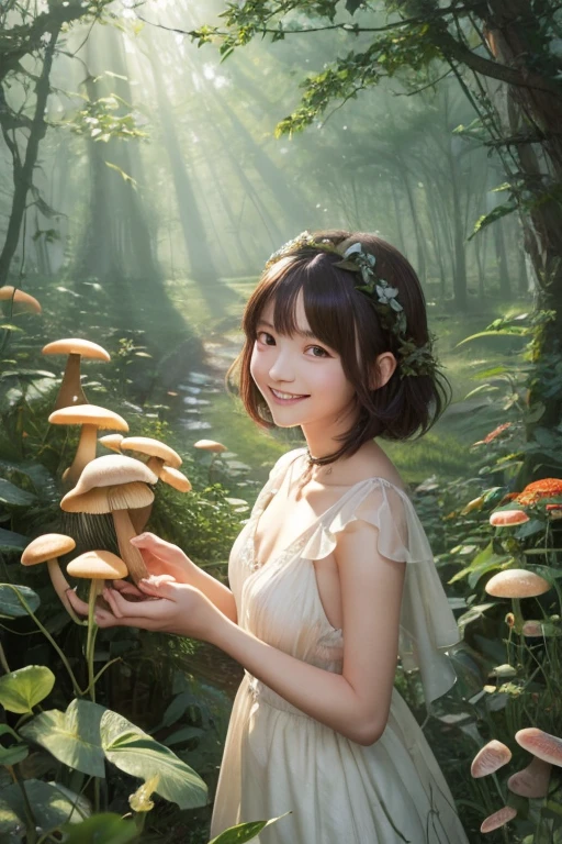 High resolution, highest quality, An illustration, Super detailed, Fantasy, god々Shii、in the forest, One 15-year-old girl, Short Hair, Tattered dress、Angle from below、cute、a lot of mushrooms、smile、