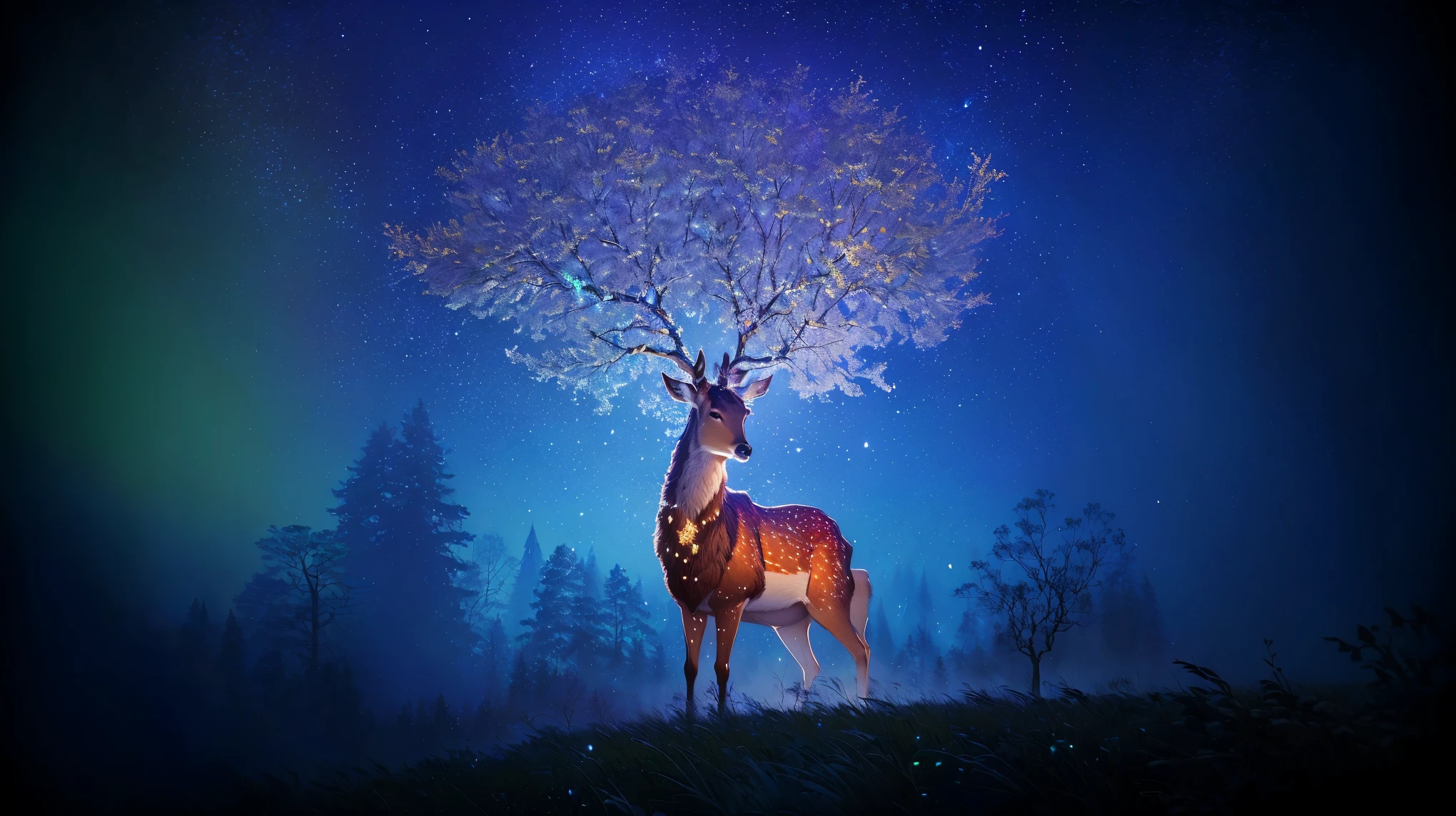 painting of a deer with a tree on its head in a field, by Jerzy Kossak, beeple and jeremiah ketner, beautiful art, a beautiful artwork illustration, by Adam Marczyński, by Juliusz Kossak, by maxim verehin, roger dean and alexander jansson, beautiful digital artwork, sergey kolesov