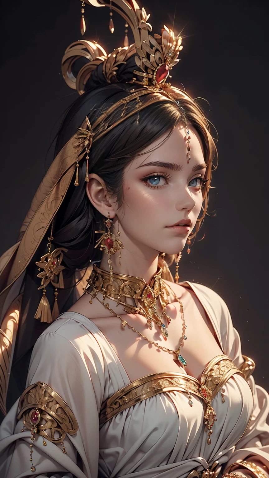 Arabian woman wearing a sari and a necklace, Complex set, Jeweled, Wearing something complicated, Elaborate jewellery, with Intricate details, Complicated costumes, Wearing elegant jewelry, Intricate details. from the front, Black Jewelry, Elaborate jewelry, high Intricate details, Hand Jewelry Model Photos, Close-up portrait, Complex beauty, Exquisite Jewelry, side view Intricate details