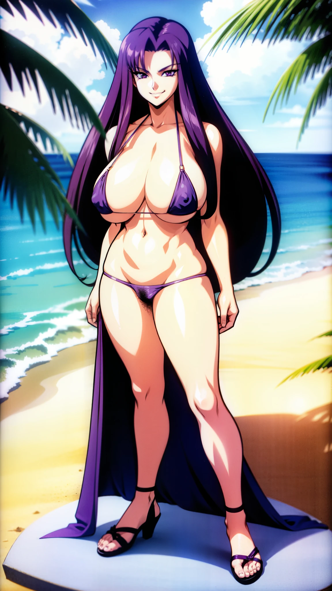 Mature female, long hair, purple hair, pubic hair, lowleg panties, standing, string bikini , beach, smirk, big breasts 
