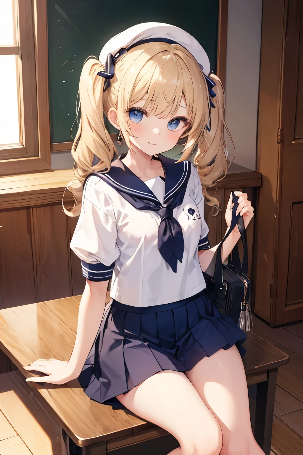 Blonde、Blue Eyes、girl、Small breasts、Twin tails、、girl、Small breasts、Lolita、Bright smile、Looks about 、Petan Musume、short、目のhighlight、Sexy thighs、School、Short-sleeved sailor suit、mini skirt、Your eyes are so beautiful、highlight