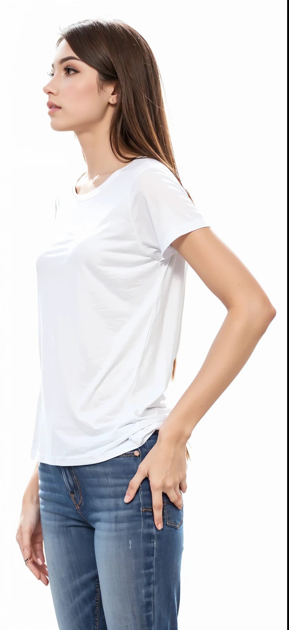 a woman in a white shirt and J.eans standing with her hands on her hips, camiseta branca, camiseta branca, camiseta branca, vestido com uma camiseta branca, plain camiseta branca, vestindo uma camiseta, dressed in a camiseta branca, boissb - branco. J., com um branco, roupas brancas, vestindo camisa branca, Roupas brancas