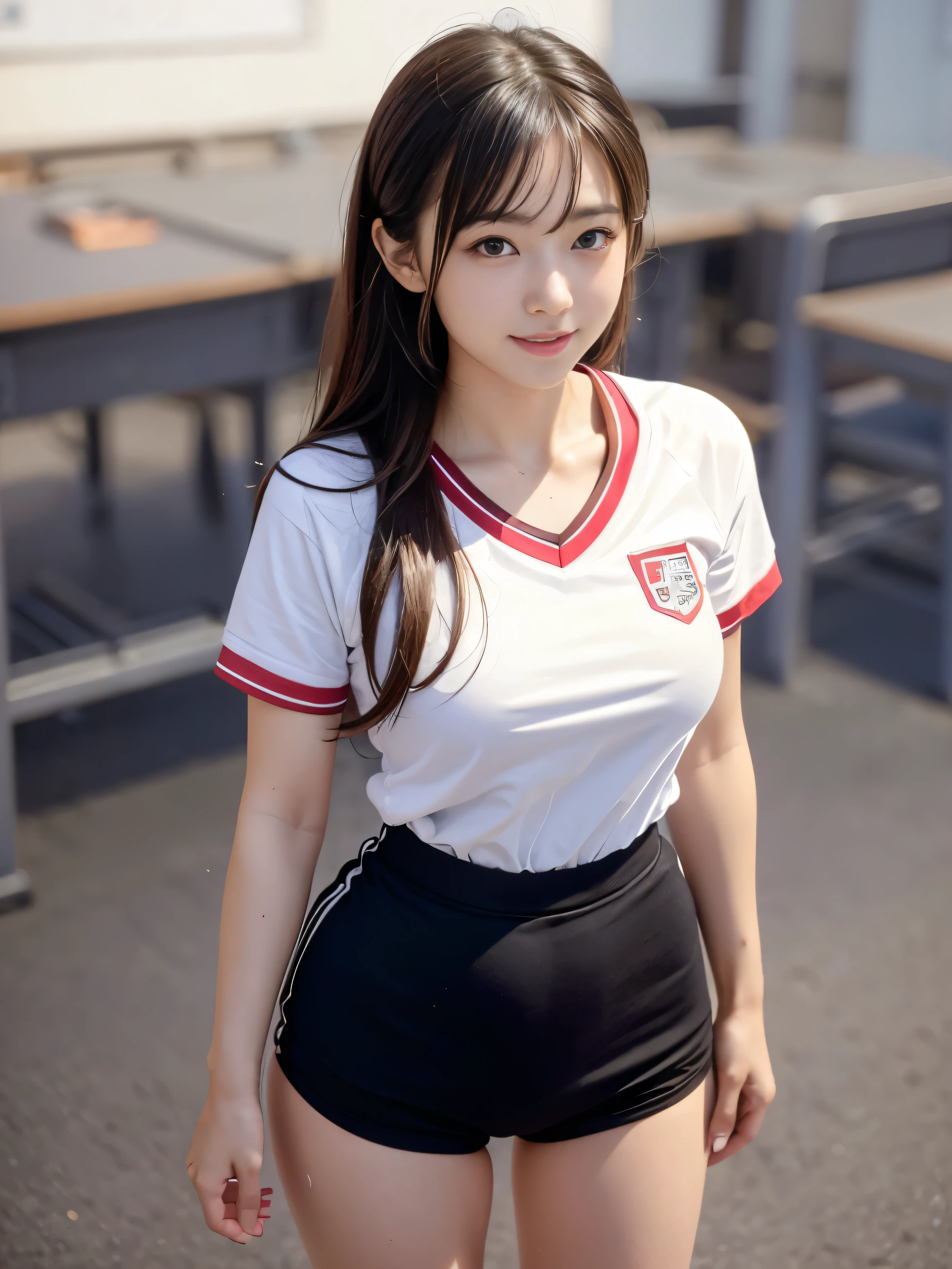 ultra highres,(reality: 1.4),highest quality, masterpiece, high detail, 16K quality, beautiful, 1 beautiful girl,japanese,super beautiful face,baby face,japanese idol face,cute face,super detailed face,detailed hand,beautiful skin,sweaty skin,big eyes,big smile,profeccional lighting,medium hair, black hair,brown beautiful eyes, gym uniform,school gym buruma,(red buruma), white shirt, short sleeves, standisng,spread legs,medium breasts,high socks,she is looking at the camera,classroom,nsfw,back shot,