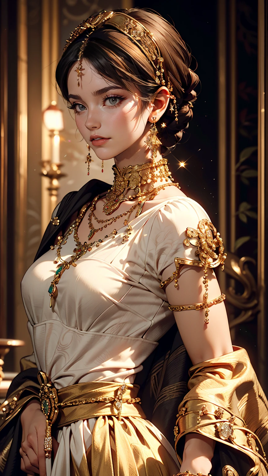 Arabian woman wearing a sari and a necklace, Complex set, Jeweled, Wearing something complicated, Elaborate jewellery, with Intricate details, Complicated costumes, Wearing elegant jewelry, Intricate details. from the front, Black Jewelry, Elaborate jewelry, high Intricate details, Hand Jewelry Model Photos, Close-up portrait, Complex beauty, Exquisite Jewelry, side view Intricate details