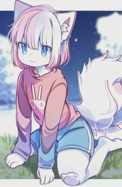 anime boy with a pink shirt, no pants, and a pink cat, fursona!!!!, female furry mini cute style, cute anime catboy, furry fursona, furry art!!!, holo is a wolf boy, furry furaffinity, fursona art, nyaruko-san, female fursona, nekomimi, anime catboy, fursona commission, solo, thick_thighs,wide_hips