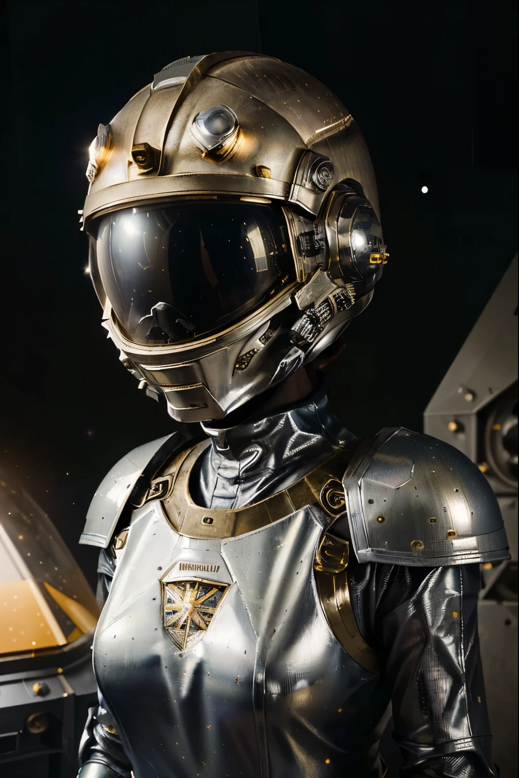 there is a woman in a space suit with a helmet on, portrait armored astronaut girl, knights templar in a space suit, clothed in sci-fi military armor, gold sci - fi armour, beautiful woman in spacesuit, gladiator wearing space suit, with futuristic gear and helmet, space suit with a modern helmet, dusty space suit, dieselpunk armor