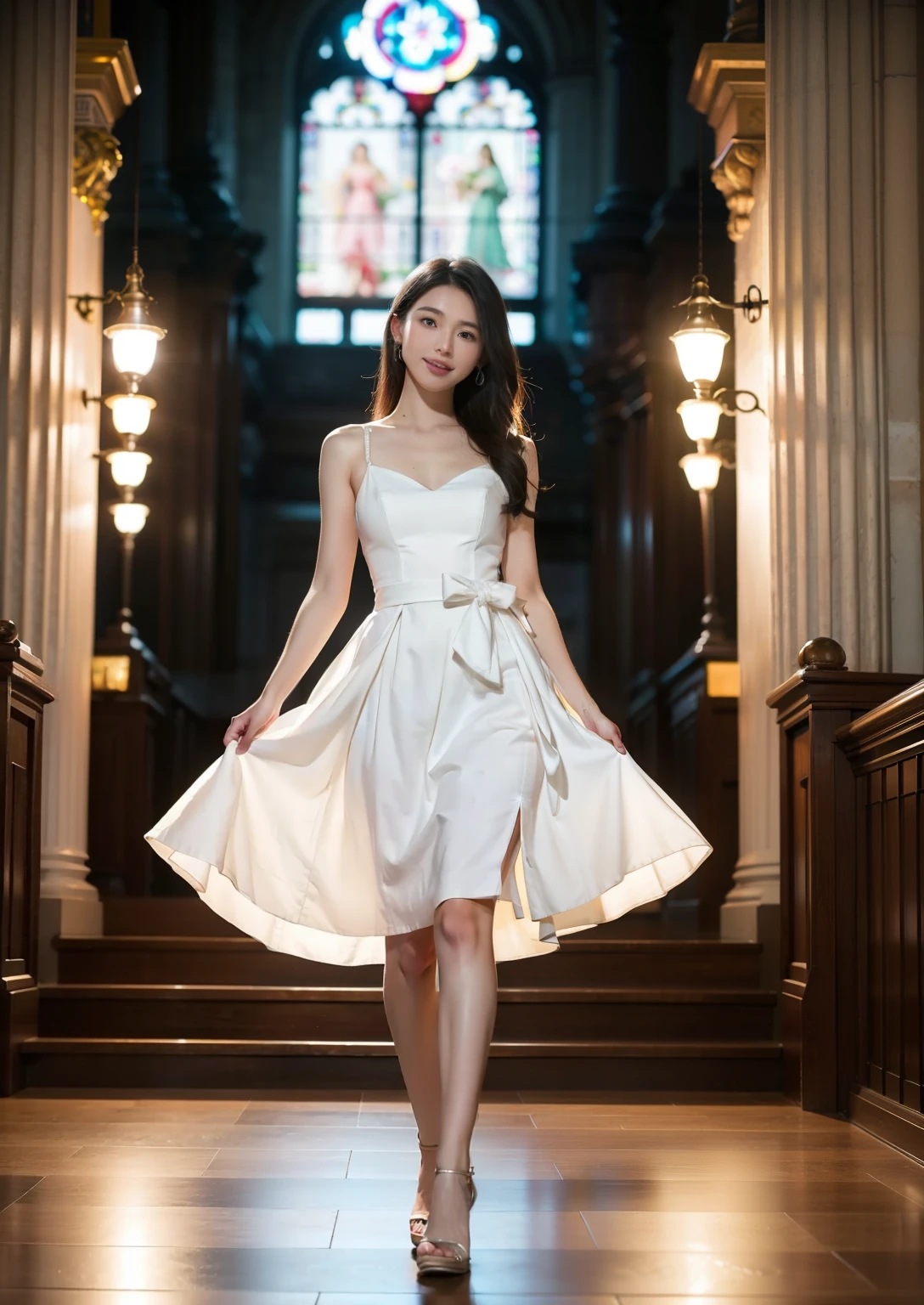 Beautiful 25 year old woman。She is wearing a summer wedding dress. She is walking and her legs crossed and one leg is visible. She is shying and smiling on illuminated by the evening church lights . her black hair. High resolution、masterpiece、highest quality、頭w:1.0、((Hasselblad Photos))、fine skin、(movie lighting)、clavicle . full body picture.