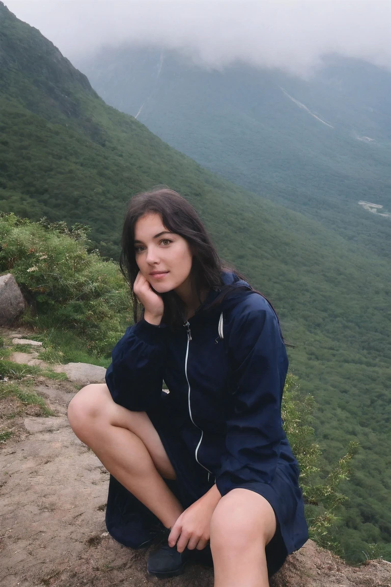 A girl in the rain sitting high on a mountain