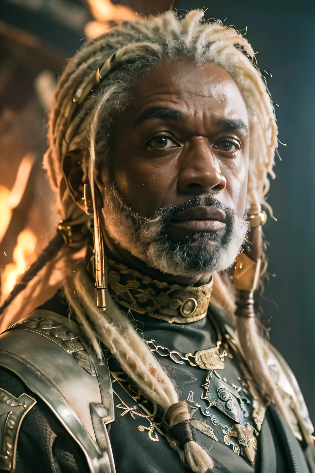 Upper body, (((Cinematic epic poster))) of Corlys Velaryon , a old Black Man, 60 years old, ((white dreadlock hair)), Gothic style, (((detailed face))), (a detailed RAW photo of a ), (master part:1.0), (best quality:1.4), (Ultra Highres:1.2), (photorealistic:1.4), 8K resolution, Canon EOS R5, 50 millimeters, Absurd, Ultra Detailed, sharp focus, Cinematic lighting, detailed face, (ULZZANG-6500-V1.1), detailed skin texture, pale skin, chest round, (pale :0.5), Cinematic lighting. (((Abstract flame background, cinematic lighting )))