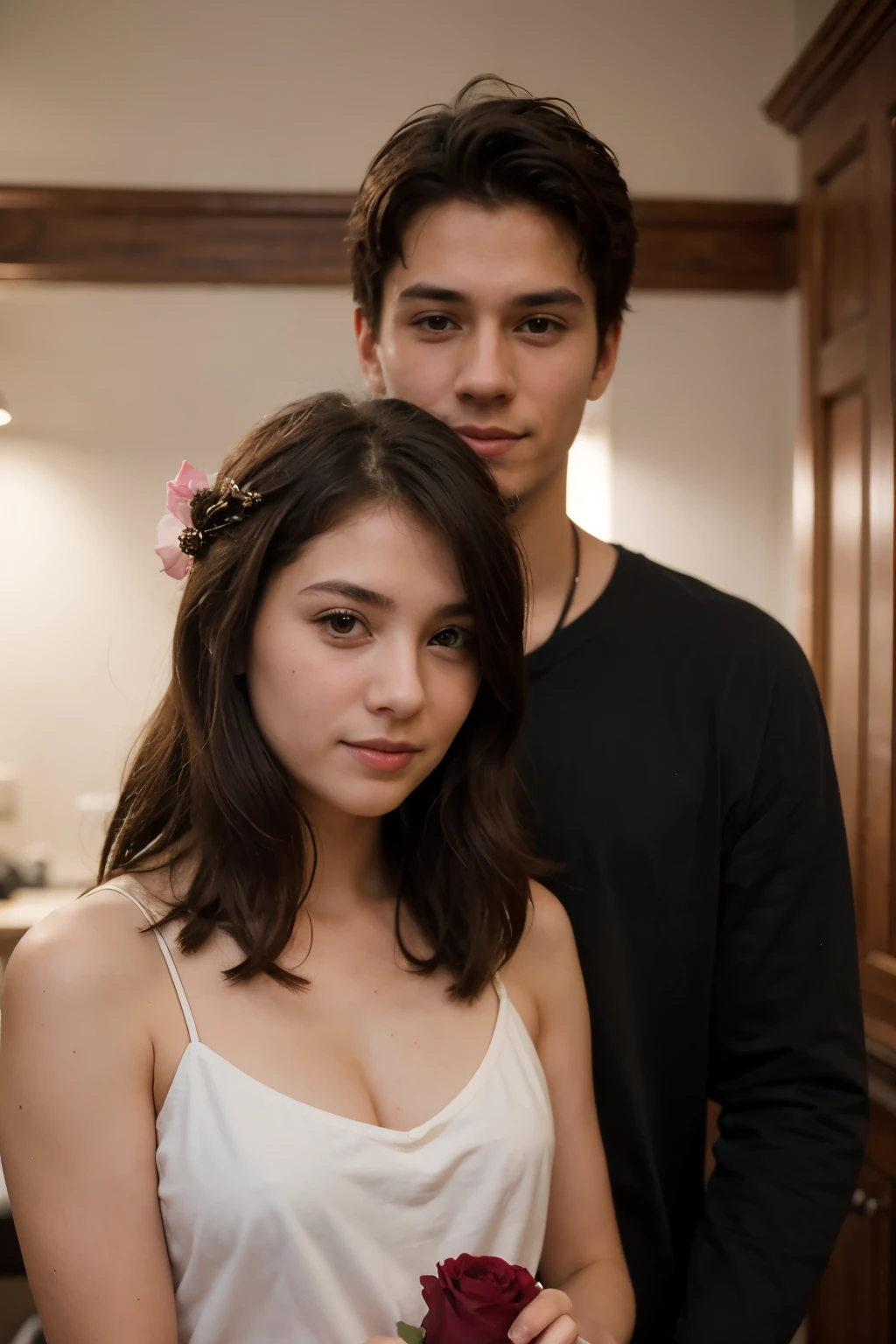 A cute girl prapose to a handsome boy with rose