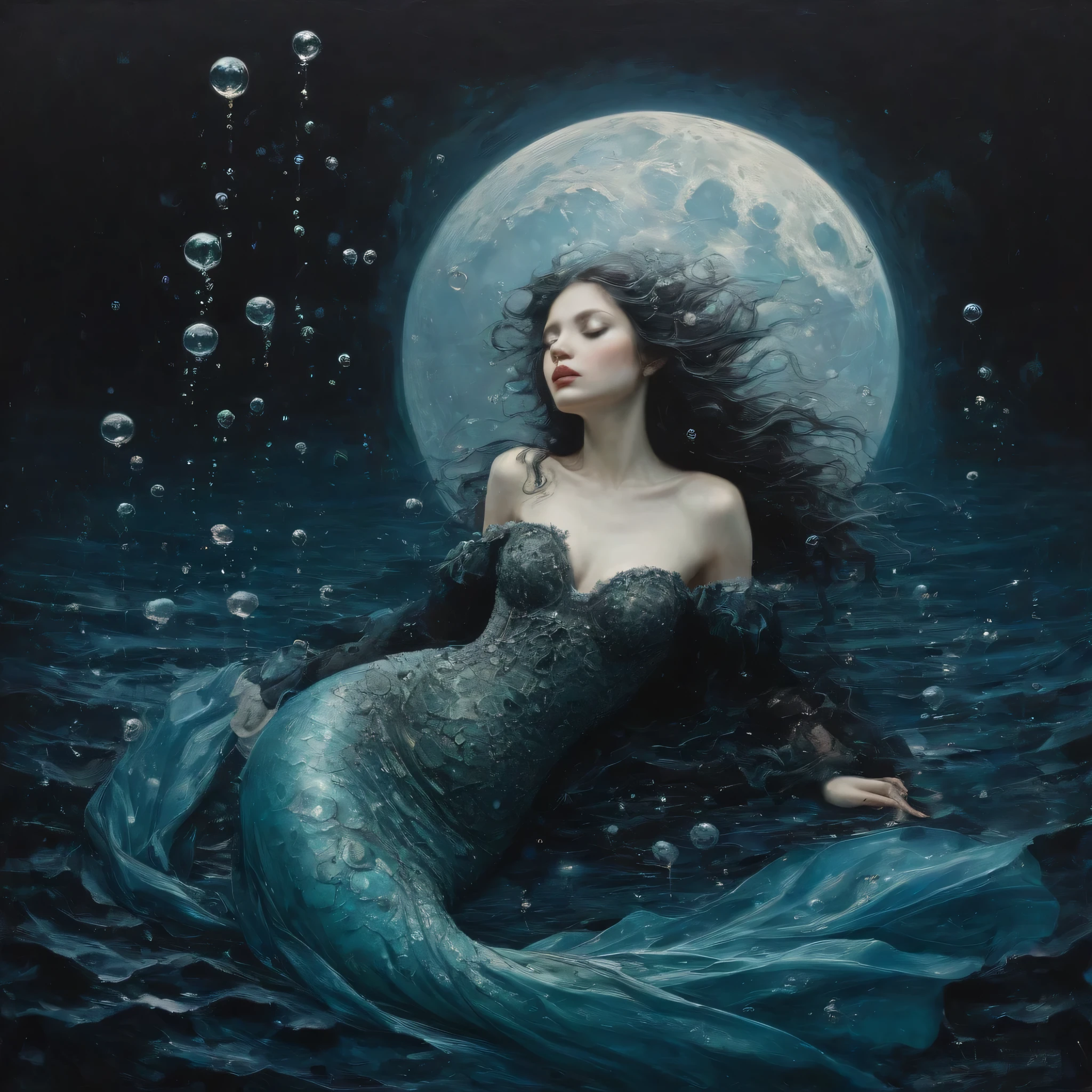 James Gurney, Surrealist art , dream-like, Mysterious, Provocative, symbolic, Complex, detailed,, (Gothic but very beautiful:1.4), (masterpiece, highest quality:1.4) , Nicola Samori Style, Moon kissed mermaid , Water bubbles