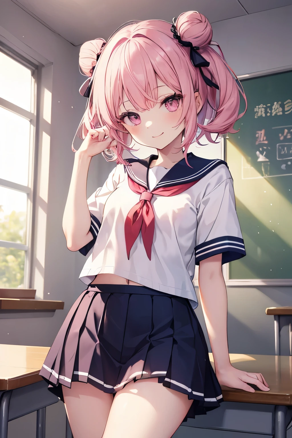 Pink Hair、Pink Eyes、girl、Small breasts、Bun Hair、girl、Small breasts、Lolita、Bright smile、Looks about 15 years old、Petan Musume、short、目のhighlight、Sexy thighs、School、Short-sleeved sailor suit、mini skirt、Your eyes are so beautiful、highlight