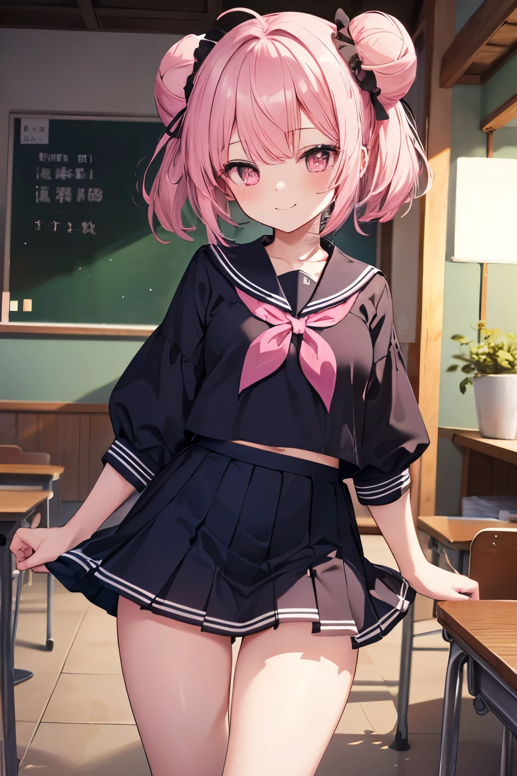 Pink Hair、Pink Eyes、girl、Small breasts、Bun Hair、girl、Small breasts、Lolita、Bright smile、Looks about 、Petan Musume、short、目のhighlight、Sexy thighs、School、Short-sleeved sailor suit、mini skirt、Your eyes are so beautiful、highlight