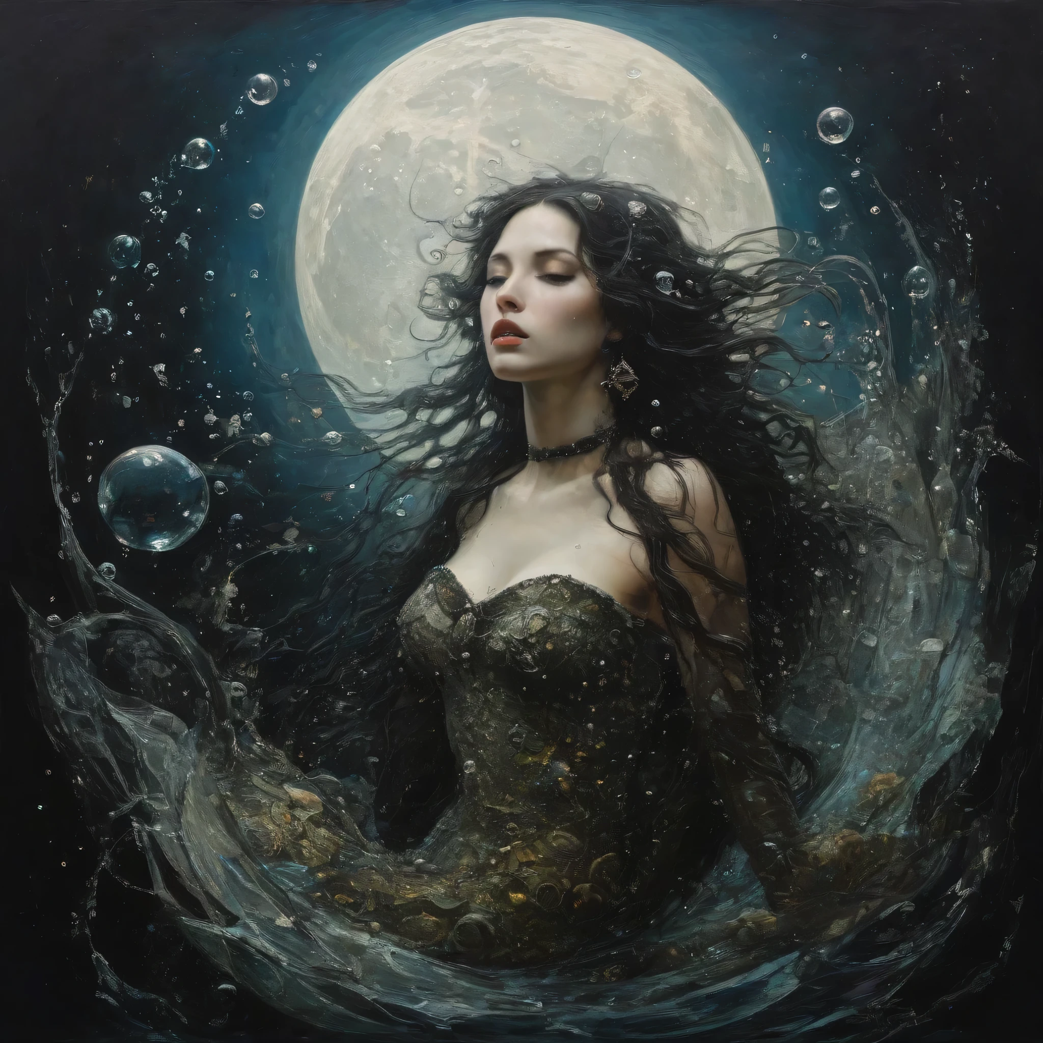 James Gurney, Surrealist art , dream-like, mysterious, Provocative, symbolic, Complex, detailed,, (Gothic but very beautiful:1.4), (masterpiece, Highest quality:1.4) , Nicola Samori Style, The moon kissed the mermaid , Water bubbles
