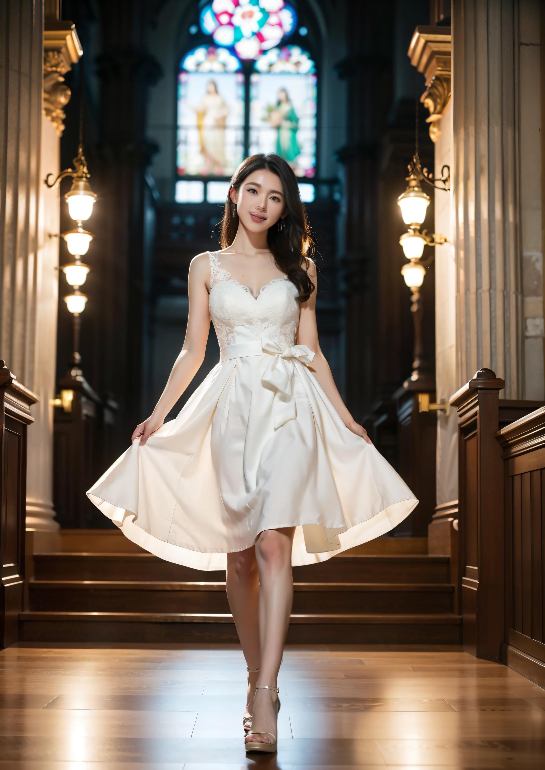 Beautiful 25 year old woman。She is wearing a summer wedding dress. She is walking and her legs crossed and one leg is visible. She is shying and smiling on illuminated by the evening church lights . her black hair. High resolution、masterpiece、highest quality、頭w:1.0、((Hasselblad Photos))、fine skin、(movie lighting)、clavicle . full body picture.