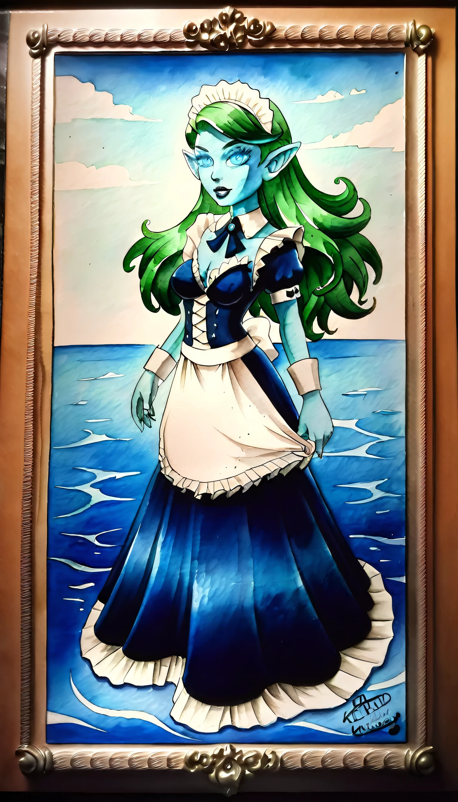 high details, best quality, 16k, ultra detailed, masterpiece, best quality, ((art deco style: 1.5)), full body, ultra wide shot, RAW, photorealistic, fantasy art, dnd art, rpg art, realistic art, an ultra wide picture of a mermaid  under the sea (intricate details, Masterpiece, best quality: 1.4) , female mermaid, (blue: 1.3) skin, (green: 1,3) hair, long hair, swirling hair, intense eyes, small pointed ears, ((blue eyes)), ((glowing eyes)), wearing (black:1.3) ((maid outfit)) flowing ((maid outfit:1.4) wearing a ((flowing maid skirt: 1.5)), beautiful mermaid, you can see rich underwater life, fish, riff, dynamic fantasy blue beach background ((magical atmosphere)), high details, best quality, highres, ultra wide angle, ggmine, traditional watercolor painting