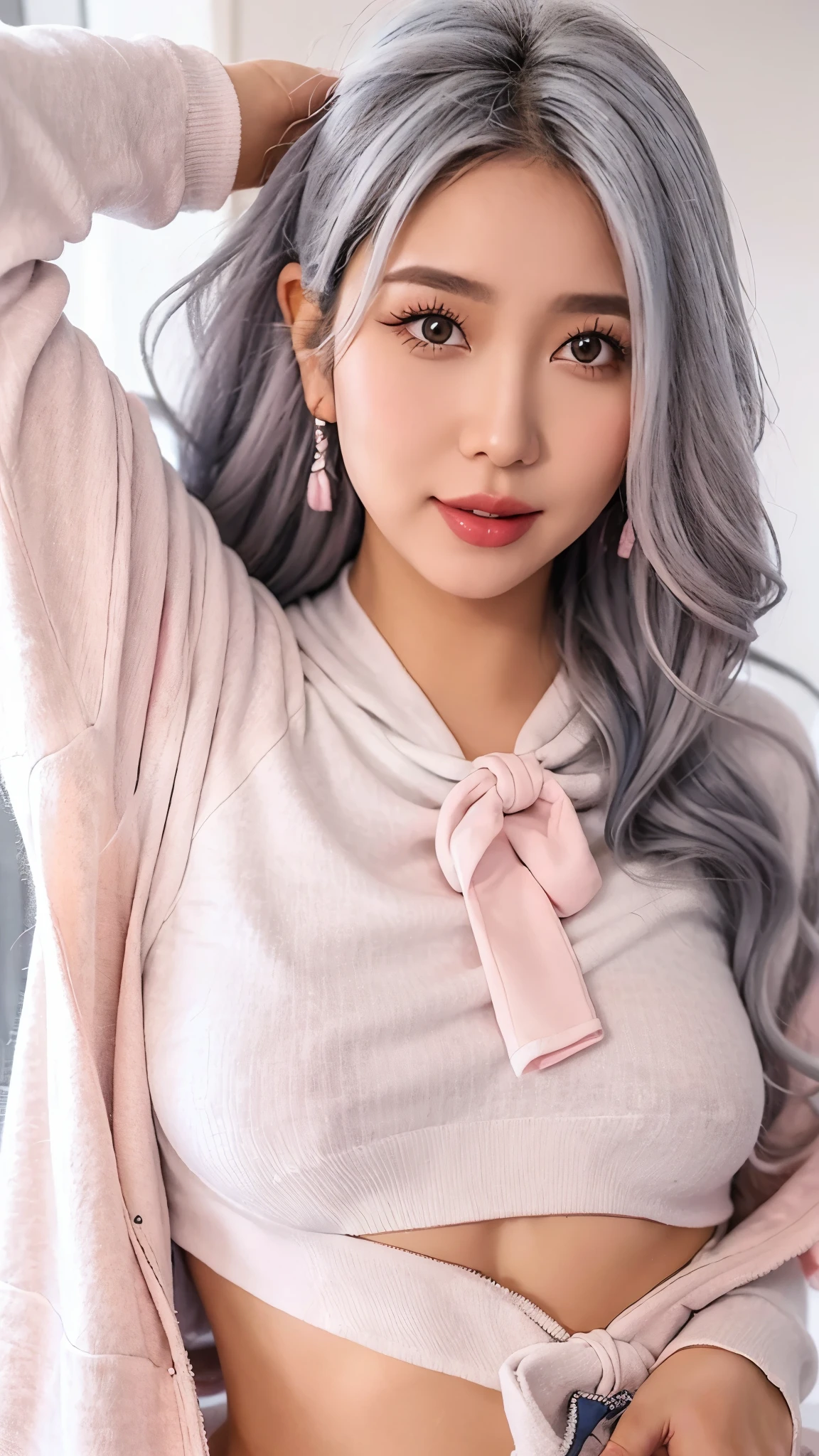 tmasterpiece, Best quality, As estrelas, looking over city, intense shading, actual, a true, unbelievable_Huang Li, Wallpapers, Colorful, girl, Long gray hair, with pink hair, curlies, view the viewer, Smilingly, Excited, ribbed sweater, hoody ,(underbust:1.3), Crop top, tee shirt, Minkitz, White panty hose, the bow, the hair_the bow, Pink collar , Wear gloves on elbows , half gloves , ear nipple ring, ,