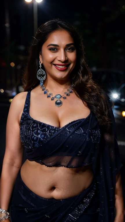 night scene, extreme close up photo of sexy indian, big cheeks, hourglass figure, swooping breasts, deep cleavage, standing on road with torch light and stopping a truck, ponytail, necklace, blue see through strapless saree, look at viewer and subtle smile, (cinematic:1.3), intricate details, (ArtStation:1.2)