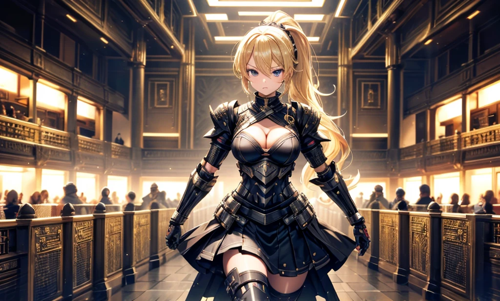 Blonde beauty，Short ponytail，Chest，cleavage，black tights，Black sci-fi armor，Long skirt，cross sword，maze(masterpiece, best quality, high quality, High resolution, Extremely detailed),