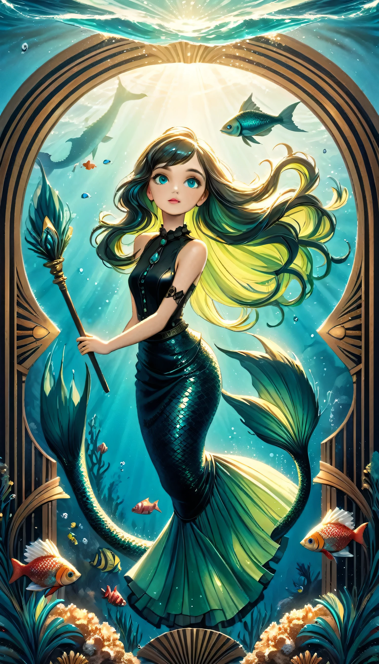 high details, best quality, 16k, ultra detailed, masterpiece, best quality, ((art deco style: 1.5)), full body, ultra wide shot, RAW, photorealistic, fantasy art, dnd art, rpg art, realistic art, an ultra wide picture of a mermaid under the sea (intricate details, Masterpiece, best quality: 1.4) , female mermaid, (blue: 1.3) skin, (green: 1,3) hair, long hair, swirling hair, intense eyes, small pointed ears, ((blue eyes)), ((glowing eyes)), wearing (black:1.3) ((maid outfit)) flowing ((maid outfit:1.4) wearing a ((flowing maid skirt: 1.5)), beautiful mermaid, you can see rich underwater life, fish, riff, dynamic fantasy blue beach background ((magical atmosphere)), high details, best quality, highres, ultra wide angle,