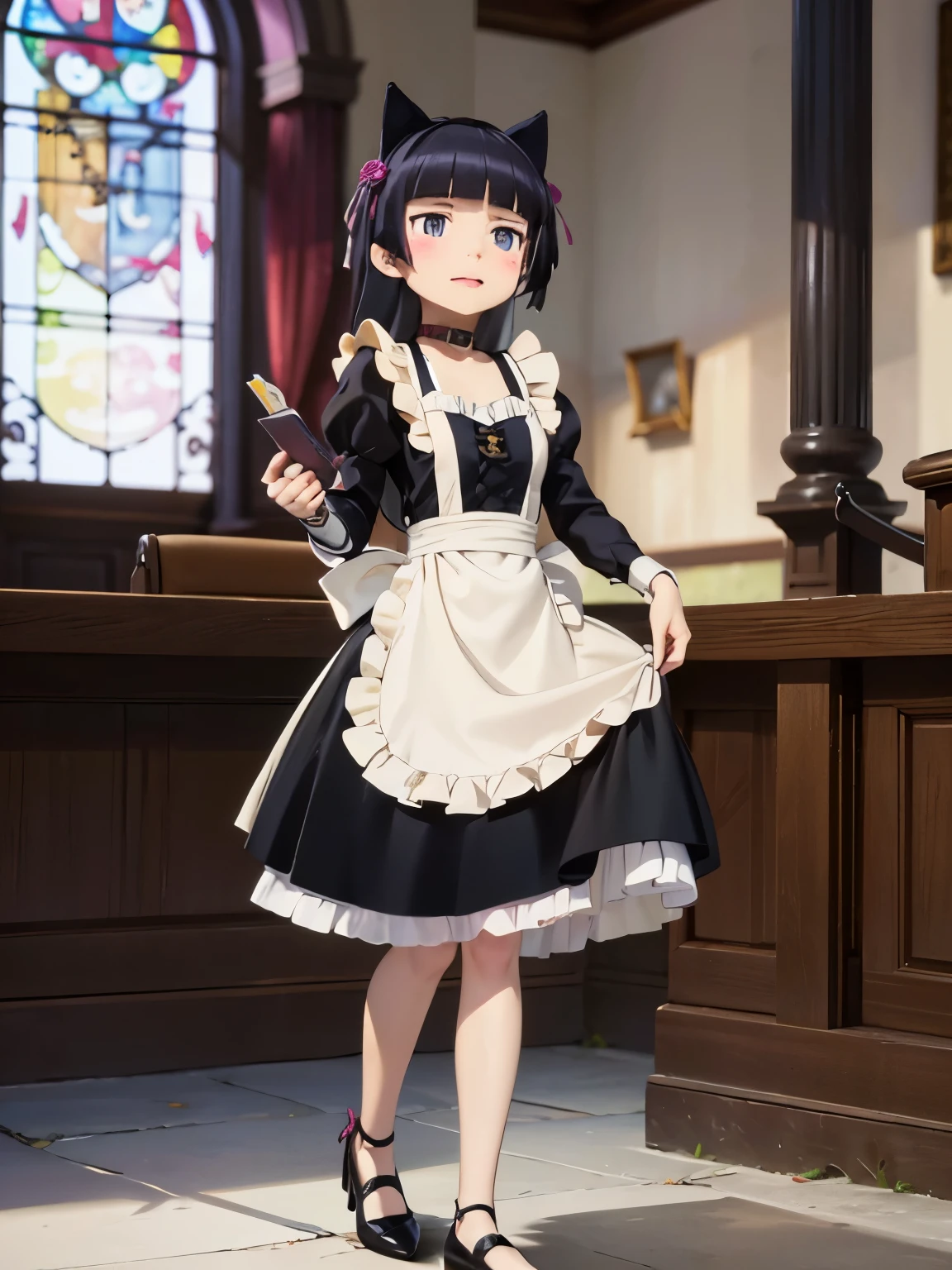 Ultra-high resolution, Attention to detail, (ruri gokou), blush, Long Hair, black hair, mole, mole under eye, 1 girl, Maid clothes, Cat ear, Black Tail, Anime Style, (apronスカート), Midi Skirt, stockings, apron, Frills, ribbon, race, sense of cleanliness, cute, grace, service, (Demure), Cosplay, Black cat tail, collar, cuffs,Victorian, middle ages, city, church, satin, full body