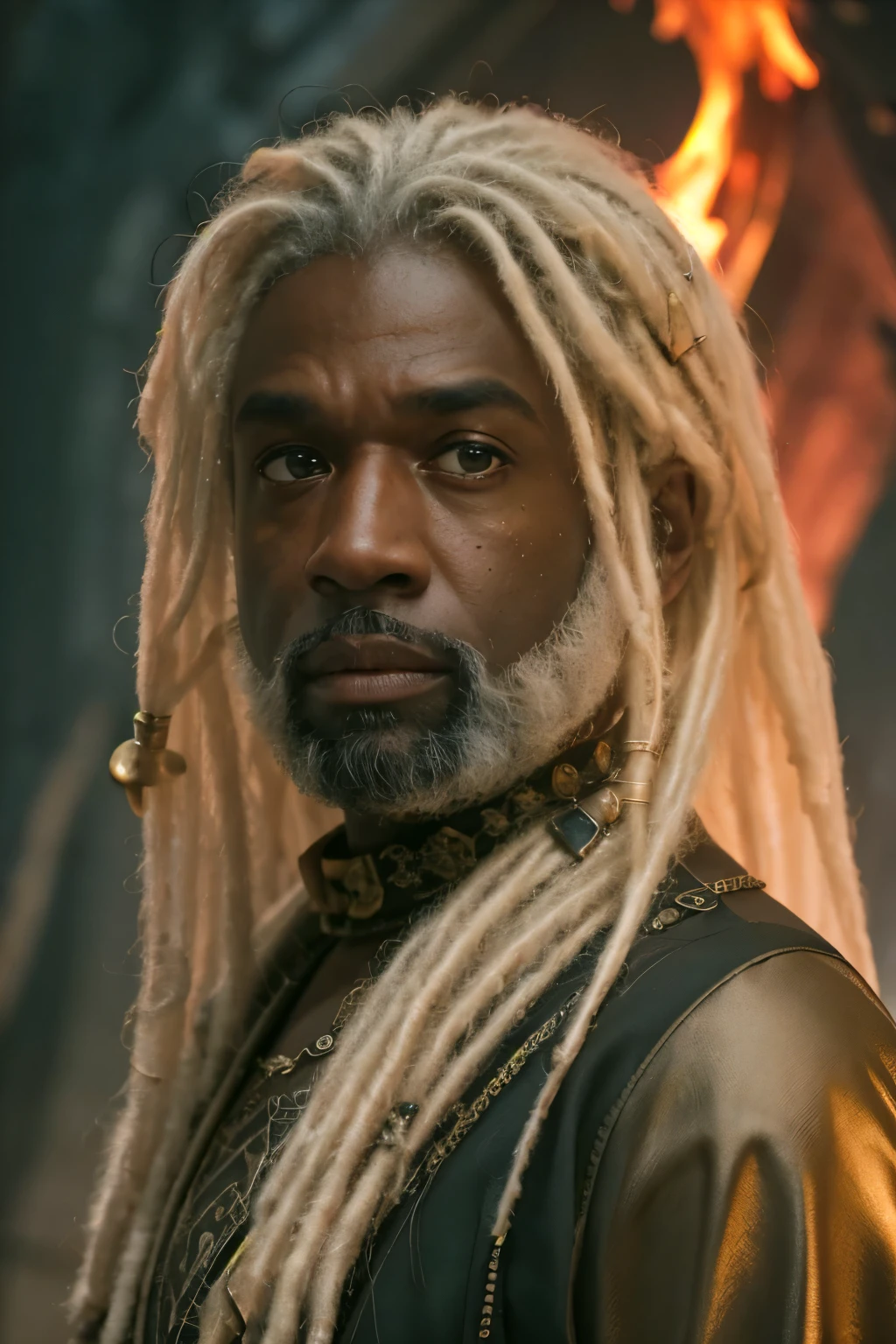 Upper body, (((Cinematic epic poster))) of Corlys Velaryon , a old Black Man, 60 years old, ((white dreadlock hair)), Gothic style, (((detailed face))), (a detailed RAW photo of a ), (master part:1.0), (best quality:1.4), (Ultra Highres:1.2), (photorealistic:1.4), 8K resolution, Canon EOS R5, 50 millimeters, Absurd, Ultra Detailed, sharp focus, Cinematic lighting, detailed face, (ULZZANG-6500-V1.1), detailed skin texture, pale skin, chest round, (pale :0.5), Cinematic lighting. (((Abstract flame background, cinematic lighting )))