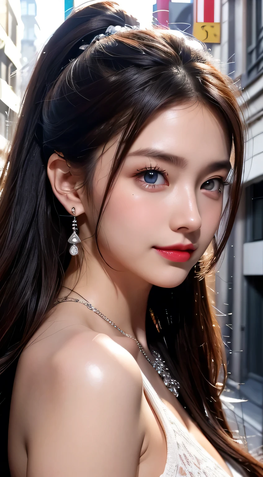 Urban beautiful girl college student, masterpiece, light makeup, Red lips, Silver Hair, Disheveled long hair, Street background, beautiful, elegant. Extremely fine detail, Master Works, Authentic texture, Realism in film lighting, Perfect job, 16k, High resolution, exquisite features,blue eyes、Japanese Idols、Beautiful face、Cute Smile、Brown Hair、beautiful hair、ponytail、glamorous、 Big Breasts、Erect nipples、Greasy muscles、Shiny skin、Sunburned skin、Glowing dark skin、Sexy knitted sweaters, Bright big eyes, Smooth Skin, Earrings, necklace, tattoo