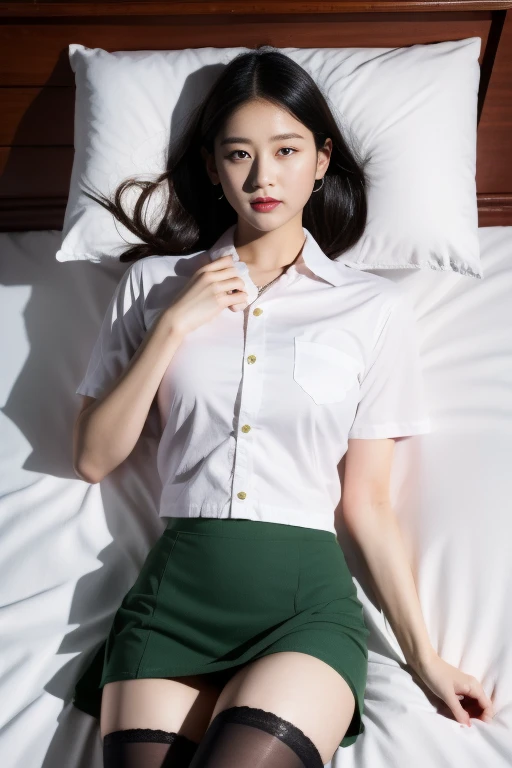 ( Girl lying in bed)，Charming eyes，Heartwarming action，Turn your face away from the camera，stooped，Bend over，turn back，Look up at your head，thick and long black hair，Highly detailed body，Highly detailed face，best qualtiy、(Shirt and long skirt),(High School Girls),((Tight shirt and green long skirt longyi)),(Myanmar school dress),(tight skirt)),(Black bra)、