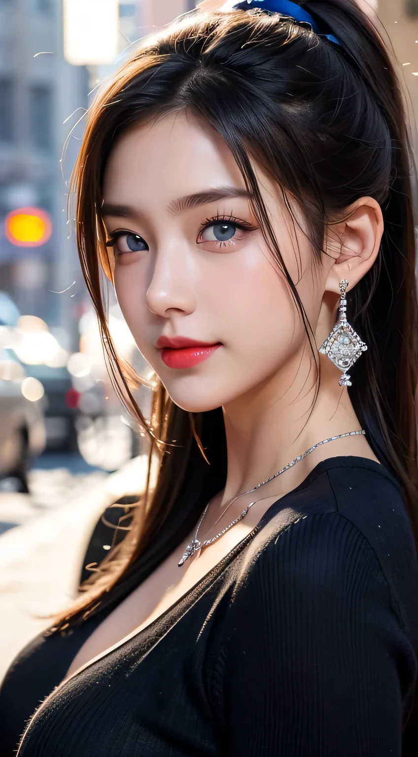 Urban beautiful girl college student, masterpiece, light makeup, Red lips, Silver Hair, Disheveled long hair, Street background, beautiful, elegant. Extremely fine detail, Master Works, Authentic texture, Realism in film lighting, Perfect job, 16k, High resolution, exquisite features,blue eyes、Japanese Idols、Beautiful face、Cute Smile、Brown Hair、beautiful hair、ponytail、glamorous、 Big Breasts、Erect nipples、Greasy muscles、Shiny skin、Sunburned skin、Glowing dark skin、Sexy knitted sweaters, Bright big eyes, Smooth Skin, Earrings, necklace, tattoo
