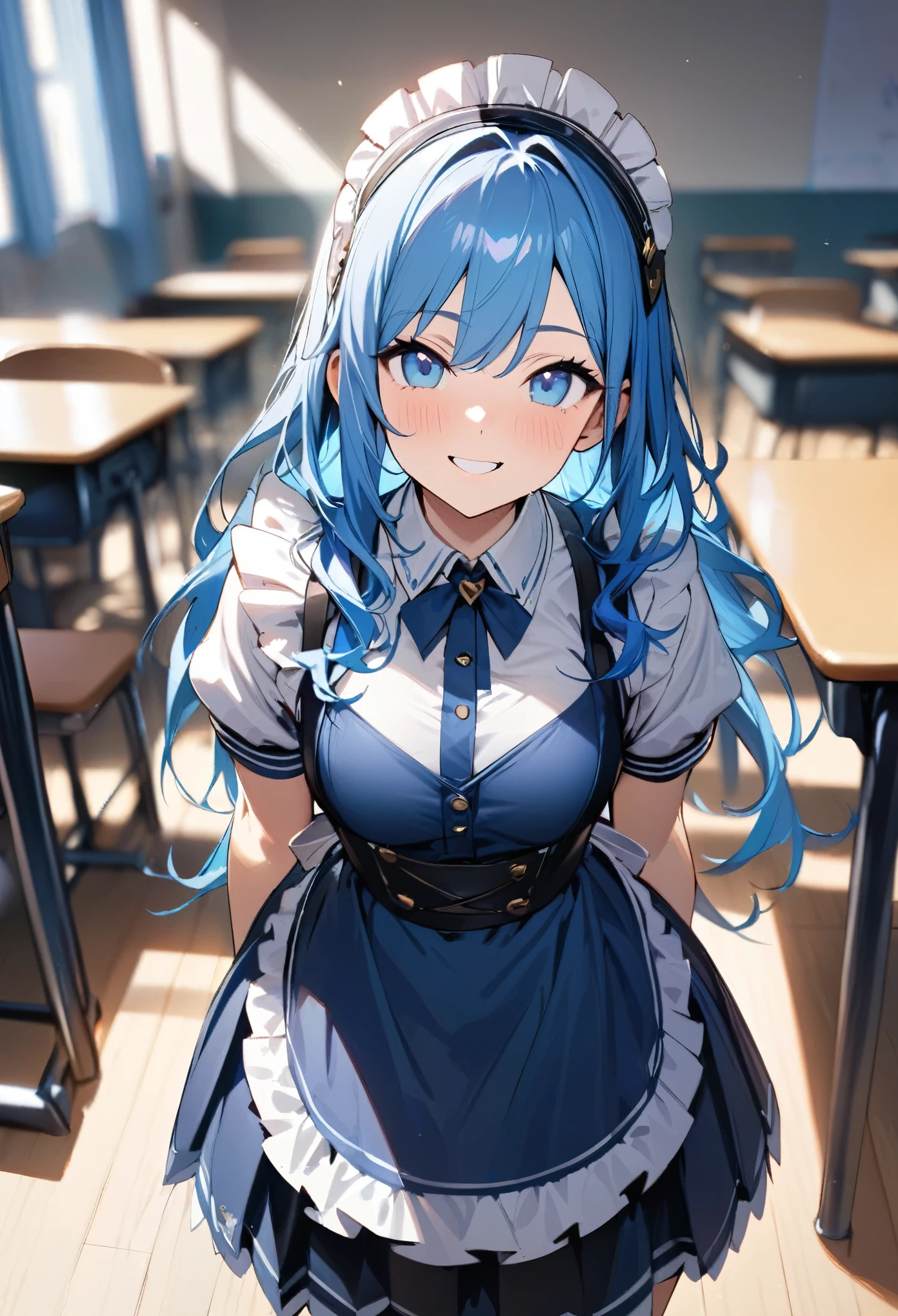 whole body, (female): 1girl, (solo), (perfect face), (detailed outfit), ( girl), beautiful female, smile (happy), blue hair, long hair, blue eyes, white shirts, (white  , blue mini skirt), (((maid))), (background): school room, (sunny) : (masterpiece:1.4), (best quality), (highres) (sharp focus), (depth of field),