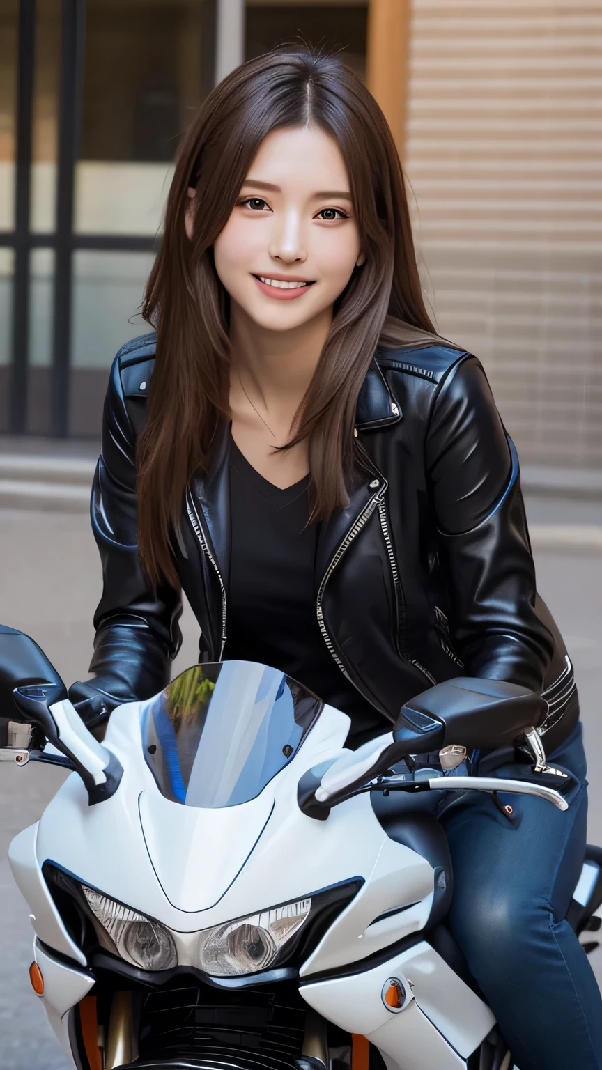 top-quality,fullbody shot,,super high resolution,(Realistic:1.4),Raw photography, Jersey,
Generated in SFW, Maintaining the Golden Ratio, (1 female:1.37), supermodel, (Riding on motorcycle:1.37), (I ride a Honda CBR400R...:1.37), (Accurate depiction of the motorcycle:1.37), Accurate 5-finger, Cyberpunk morning view, ((City of morning:1.15)), (table top shot:1.2), (Beautiful Face:1.37), Accurate Face, (Black rider jacket:1.37), (tight-fitting suit:1.21), (Leather slim pants:1.21)(highest quality:1.4), 32K resolution, (Realistic:1.5), (Ultra-realistic:1.5), High resolution UHD, (masterpiece:1.2)), (Improvement of quality:1.4), (Very beautiful face details), (Highest quality realistic skin texture:1.4), (Perfect Anatomy:1.2), Anatomically correct limbs, Symmetrical eyes, Natural Makeup, ((A great eye for quality:1.2)), (tired, Sleepy and satisfied:0.0), (Beautiful Lips:1.33), (Great nose:1.2), (Slender body:1.2, Moderate Buff), (Slim lower body), Shiny Hair, brown hair dancing in the wind, (Long Hair:1.37), Complex shadows and light, Spot lighting, shy smile