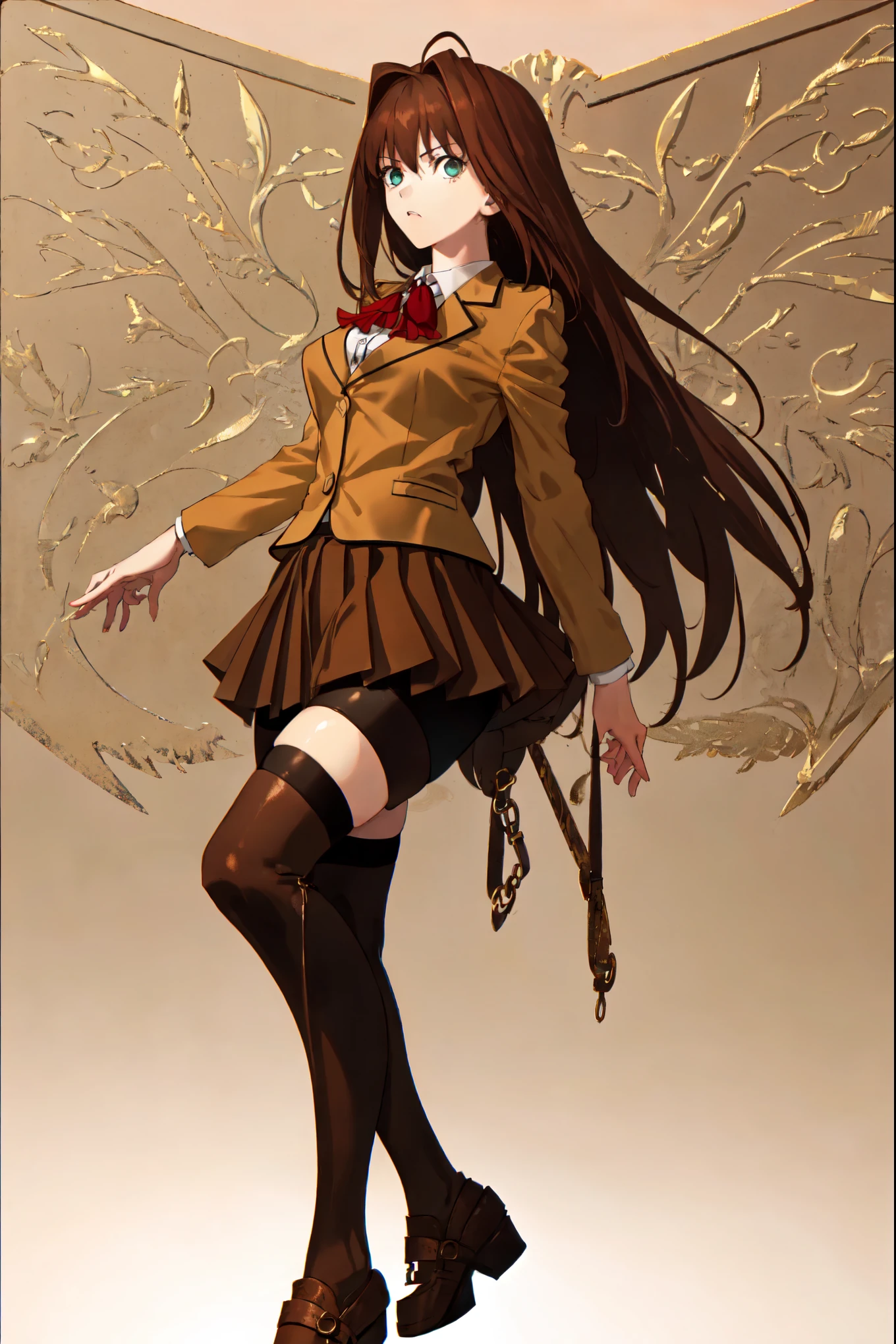 1girl, solo, cinematic light, colorful, hyper detail, dramatic light, intricate details, best quality, (wallpaper, masterpiece ultra-detailed), beautiful detailed face, high contrast, bbaoko, , ((only 2 legs)), (lush luscious hair:1.5), very long hair, (chestnut-brown hair with slightly reddish undertone), red bow, (beige blazer:1.5), brown jacket, (white shirt:0.9), (large breasts:1), nice hips, (Umber pleated-skirt:1.5), (black spandex shorts:1.4), (nice thighs:1.5), (symmetrical black thigh-high stockings:1.5), (brown Strap-Shoes), standing straight, ((Fullbody included in frame)), white-empty background, (((empty background:1.8))), looking front