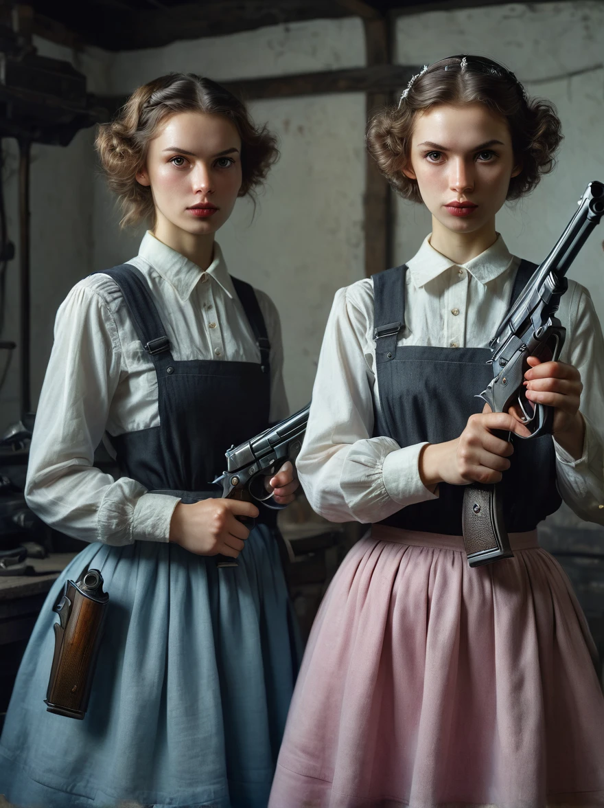 Realistic portraits of Soviet maids in an old photo studio, Maid costume, Right hand holding the gun,The gun is pointed at you,dark light, heavy atmosphere, Pastel colors of skirts, Light skin face, Rembrandt Light, Andrea Kowch Style,bruce munro style , Character concept design,