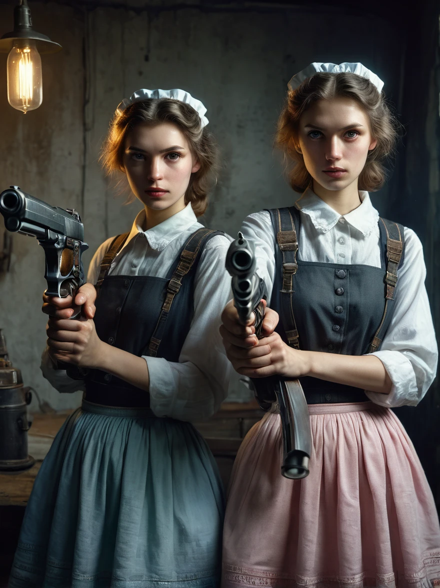 Realistic portraits of Soviet maids in an old photo studio, Maid costume, Right hand holding the gun，The gun is pointed at you，dark light, heavy atmosphere, Pastel colors of skirts, Light skin face, Rembrandt Light, Andrea Kowch Style，bruce munro style , Character concept design, 