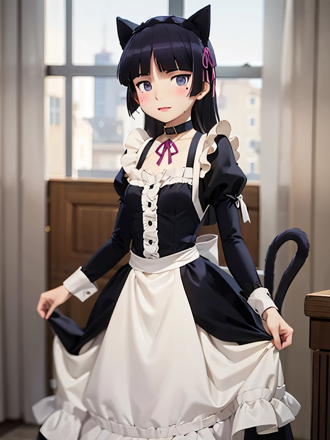 Ultra-high resolution, Attention to detail, (ruri gokou), blush, black hair, mole, mole under eye, 1 girl, Maid clothes, Cat ear, Black Tail, Anime Style, (apronスカート), Midi Skirt, stockings, apron, Frills, ribbon, race, sense of cleanliness, cute, grace, service, (Demure), Cosplay, Black cat tail, collar, cuffs,Victorian, satin, full body