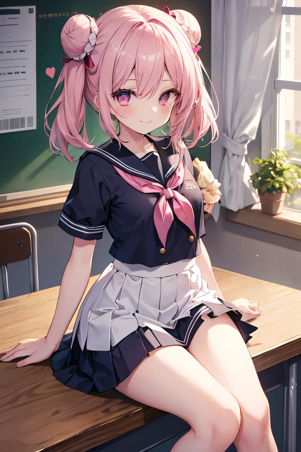 Pink Hair、Pink Eyes、girl、Small breasts、Bun Hair、girl、Small breasts、ta、Bright smile、Looks about 15 yan Musume、short、目のhighlight、Sexy thighs、School、Short-sleeved sailor suit、mini skirt、Your eyes are so beautiful、highlight