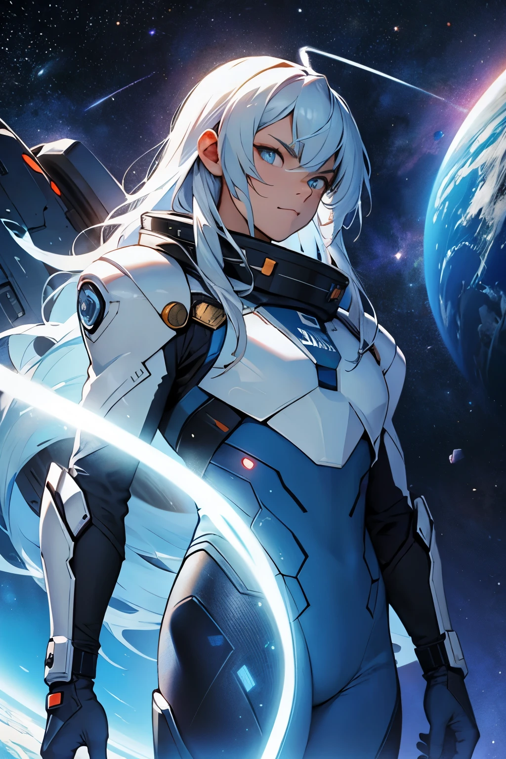 A space warrior plotting world domination,Light blue long-haired,