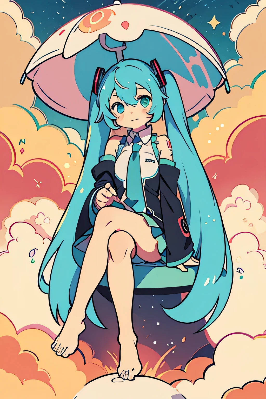 high quality, ultra HD, 8K, full body photo, cellshaded, pastel, anime, hatsune miku, bluehair,blueyes,happyexpression,clouds,sky,sunset, sitting