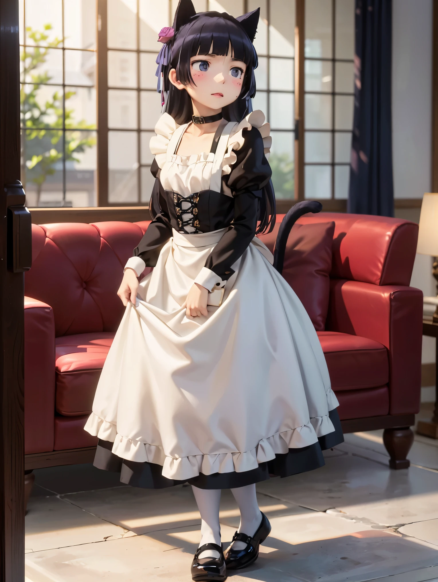 Ultra-high resolution, Attention to detail, (ruri gokou), blush, Long Hair, black hair, mole, mole under eye, 1 girl, Maid clothes, Cat ear, Black Tail, Anime Style, (apronスカート), Midi Skirt, (stockings), apron, Frills, ribbon, race, sense of cleanliness, cute, grace, service, (Demure), Cosplay, Black cat tail, collar, cuffs,Victorian, middle ages, city, church, satin, full body