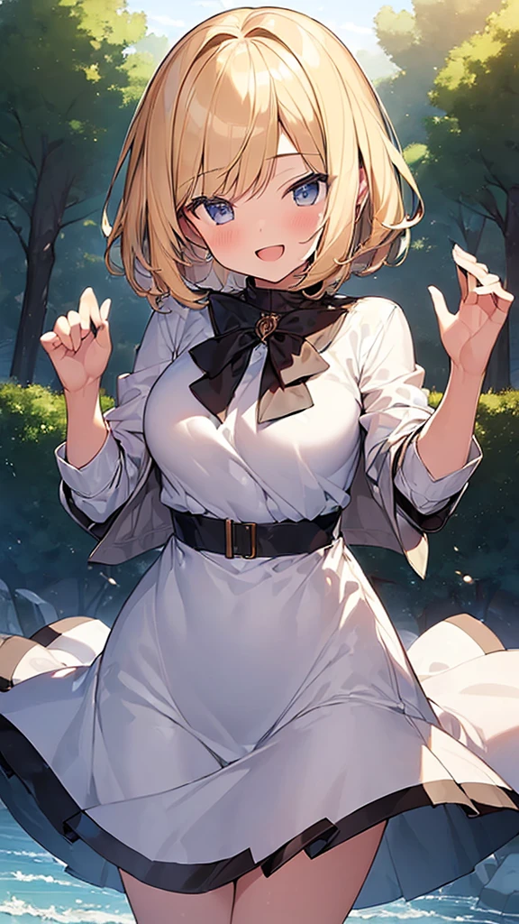 (Masterpiece, Top quality: 1.5), (Hip Length clothes:1.4) , 1 beautiful girl, solo, blond hair, short hair, wave hair, (:1.2), medium breasts, standard weight, smile:1.2, blush:1.4, open mouth, dynamic pose, beautiful scene, magnificent panorama view