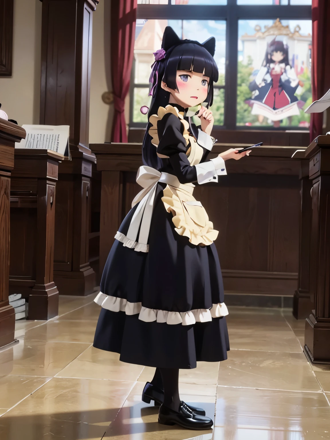 Ultra-high resolution, Attention to detail, (ruri gokou), blush, Long Hair, black hair, mole, mole under eye, 1 girl, Maid clothes, Cat ear, Black Tail, Anime Style, (apronスカート), Midi Skirt, (stockings), apron, Frills, ribbon, race, sense of cleanliness, cute, grace, service, (Demure), Cosplay, Black cat tail, collar, cuffs,Victorian, middle ages, city, church, satin, full body