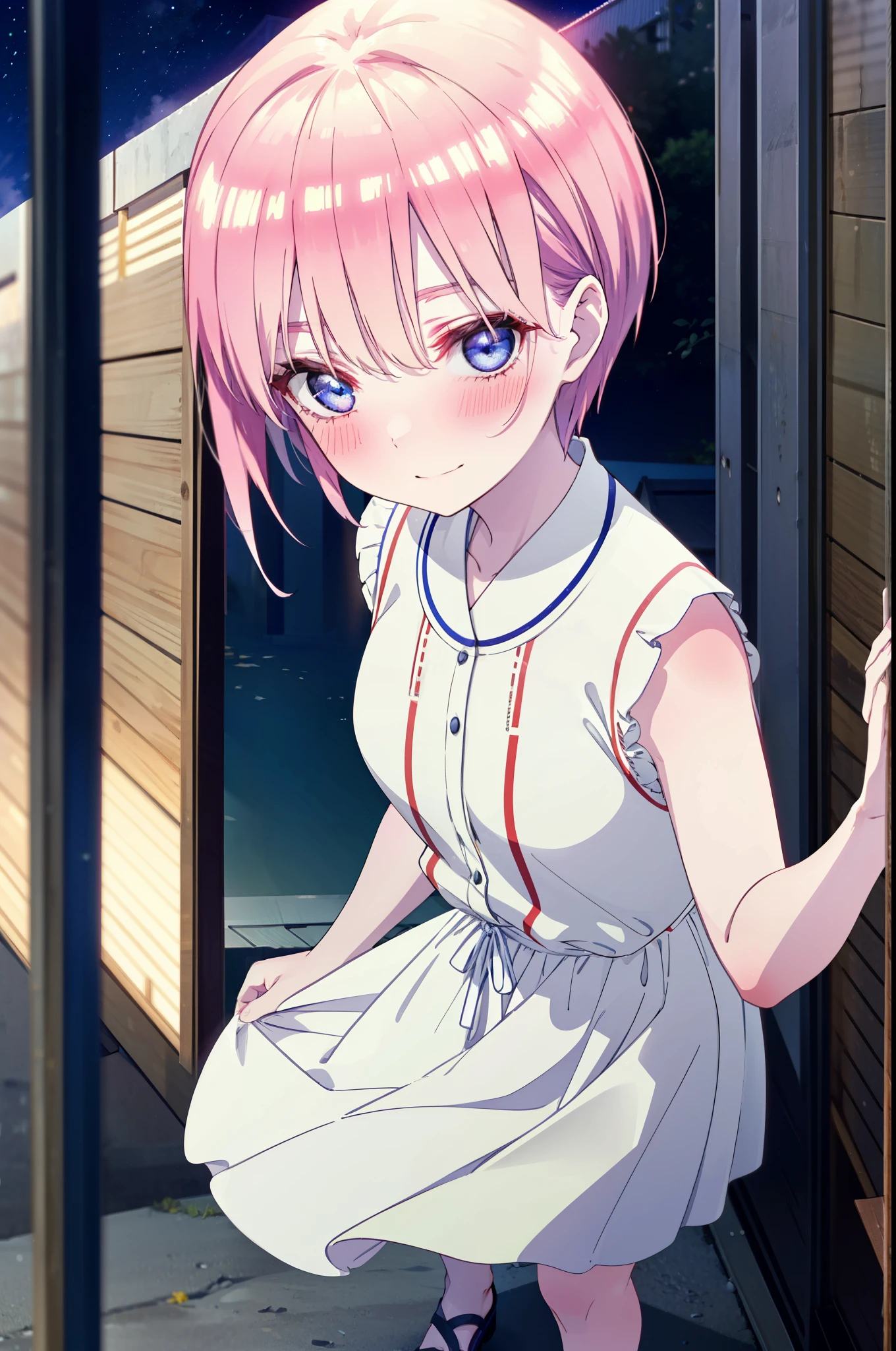 ichikanakano, ichika nakano, short hair, bangs, blue eyes, Hair between the eyes, Pink Hair,smile,Sleeveless white dress,Bare arms,White long skirt,Cute heeled sandals,whole bodyがイラストに入るように,Looking down from above,walk,moonlight,night,ロマンチックなnight景,Starry Sky,shooting star,Looking up from below,stone stageに座っている,
break outdoors, shrine,stone stage,Building district,
break looking at viewer, whole body,
break (masterpiece:1.2), highest quality, High resolution, unity 8k wallpaper, (shape:0.8), (Beautiful details:1.6), Highly detailed face, Perfect lighting, Highly detailed CG, (Perfect hands, Perfect Anatomy),