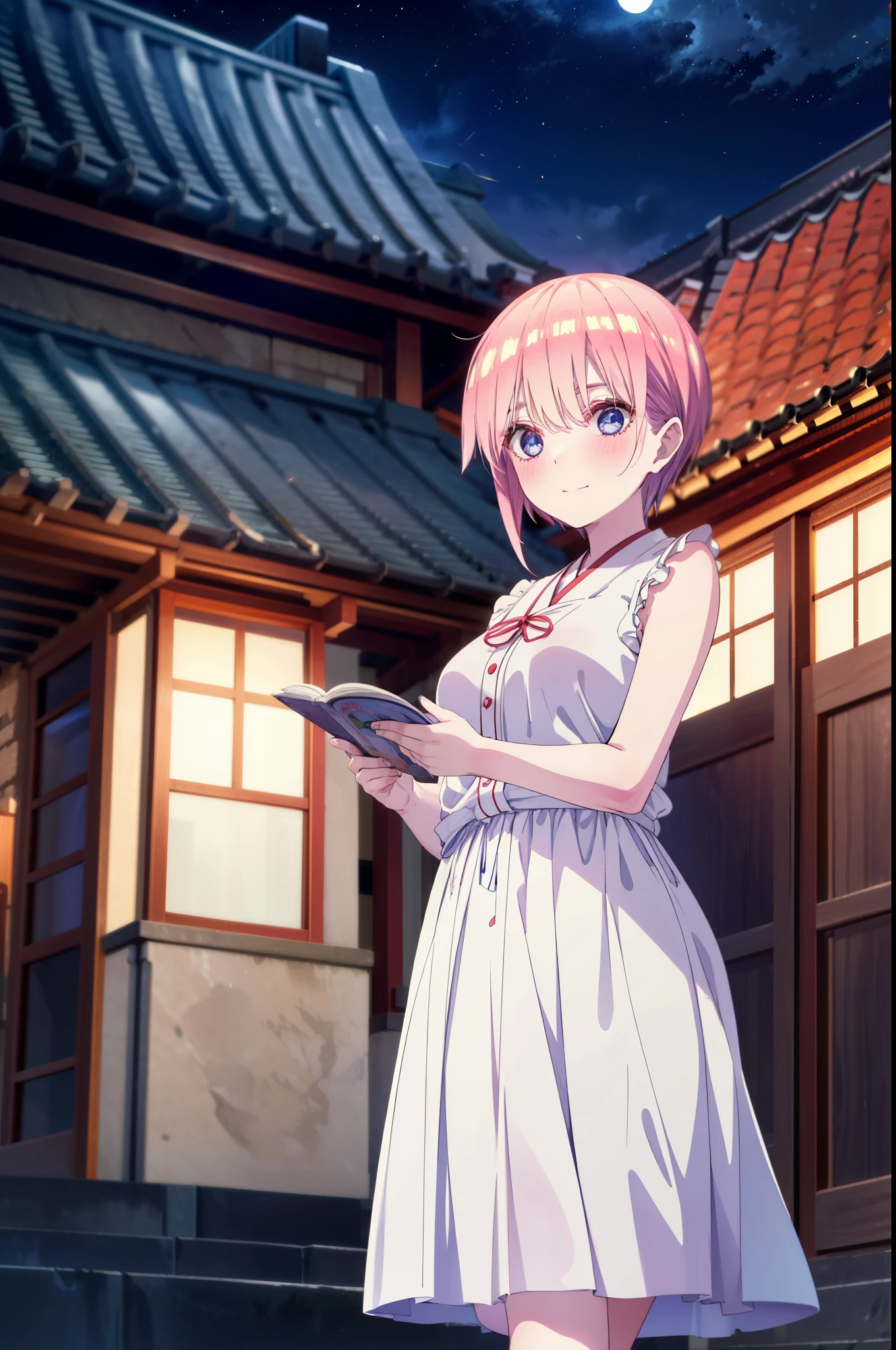 ichikanakano, ichika nakano, short hair, bangs, blue eyes, Hair between the eyes, Pink Hair,smile,Sleeveless white dress,Bare arms,White long skirt,Cute heeled sandals,whole bodyがイラストに入るように,Looking down from above,walk,moonlight,night,ロマンチックなnight景,Starry Sky,shooting star,Looking up from below,stone stageに座っている,
break outdoors, shrine,stone stage,Building district,
break looking at viewer, whole body,
break (masterpiece:1.2), highest quality, High resolution, unity 8k wallpaper, (shape:0.8), (Beautiful details:1.6), Highly detailed face, Perfect lighting, Highly detailed CG, (Perfect hands, Perfect Anatomy),