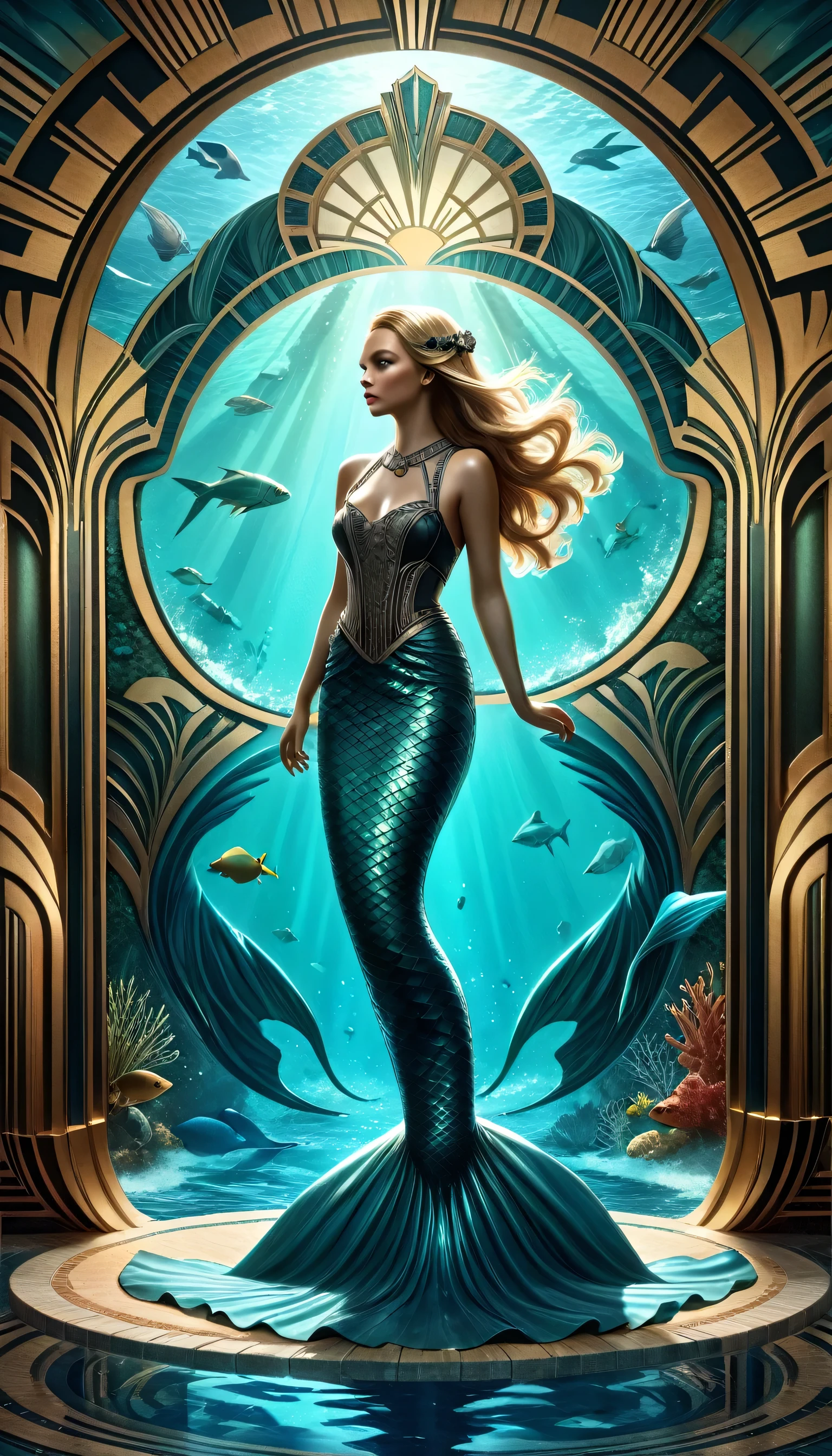 high details, best quality, 16k, ultra detailed, masterpiece, best quality, ((art deco style: 1.5)), full body, ultra wide shot, RAW, photorealistic, fantasy art, dnd art, rpg art, realistic art, an ultra wide picture of a mermaid under the sea (intricate details, Masterpiece, best quality: 1.4) , female mermaid, (blue: 1.3) skin, (green: 1,3) hair, long hair, swirling hair, intense eyes, small pointed ears, ((blue eyes)), ((glowing eyes)), wearing (black:1.3) ((maid outfit)) flowing ((maid outfit:1.4) wearing a ((flowing maid skirt: 1.5)), beautiful mermaid, you can see rich underwater life, fish, riff, dynamic fantasy blue beach background ((magical atmosphere)), high details, best quality, highres, ultra wide angle,