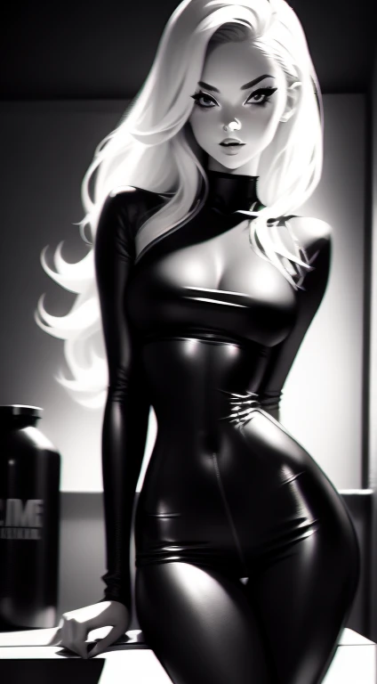 Beautiful 20yr old girl, blonde, detailed, toned body, femme fatale, Noir et blanc, monochrome, looking at viewer, wearing skinny jeans, skintight matte black one-piece, candid