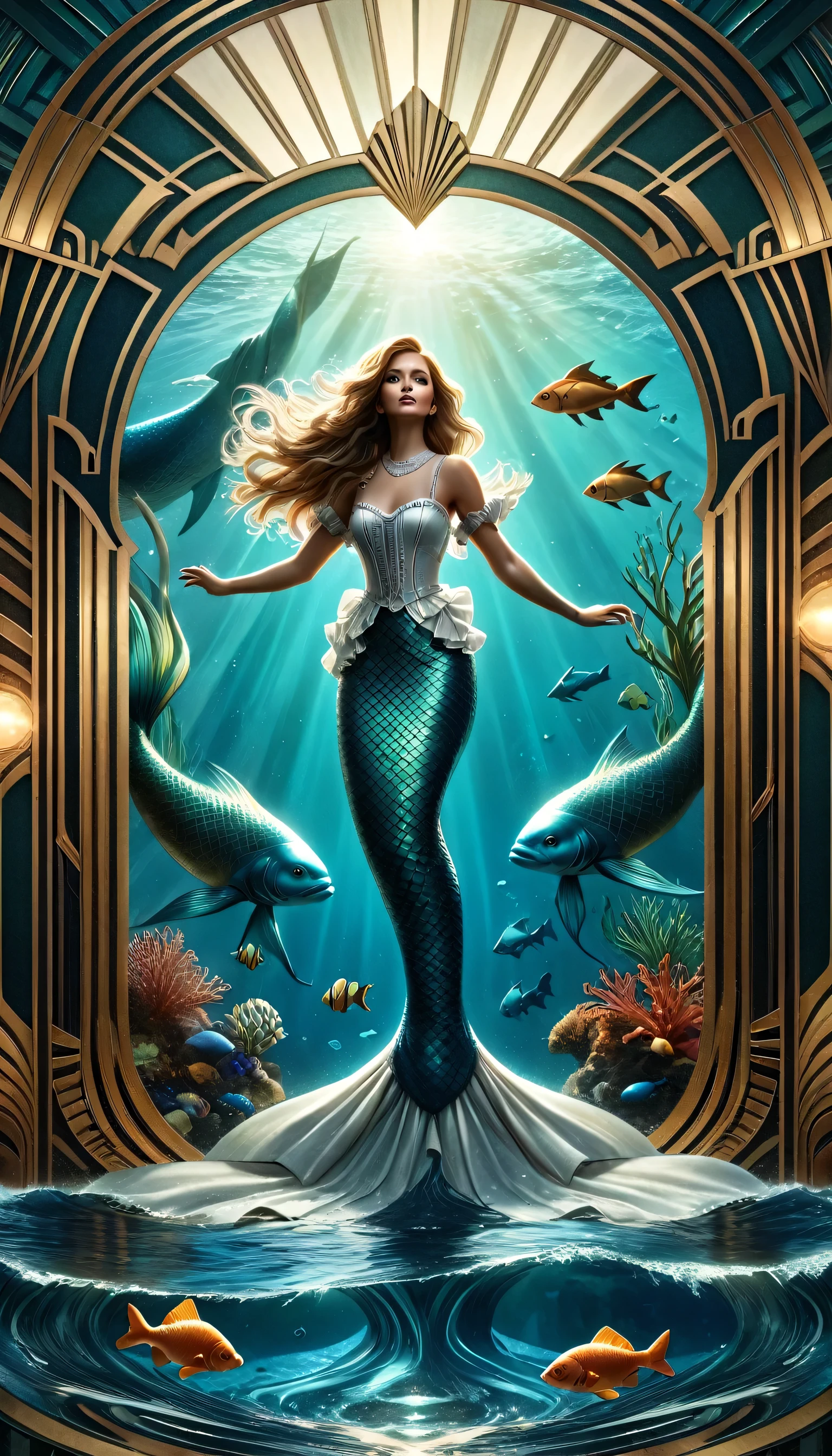 high details, best quality, 16k, ultra detailed, masterpiece, best quality, ((art deco style: 1.5)), full body, ultra wide shot, RAW, photorealistic, fantasy art, dnd art, rpg art, realistic art, an ultra wide picture of a mermaid under the sea (intricate details, Masterpiece, best quality: 1.4) , female mermaid, (blue: 1.3) skin, (green: 1,3) hair, long hair, swirling hair, intense eyes, small pointed ears, ((blue eyes)), ((glowing eyes)), wearing (black:1.3) ((maid outfit)) flowing ((maid outfit:1.4) wearing a ((flowing maid skirt: 1.5)), beautiful mermaid, you can see rich underwater life, fish, riff, dynamic fantasy blue beach background ((magical atmosphere)), high details, best quality, highres, ultra wide angle,