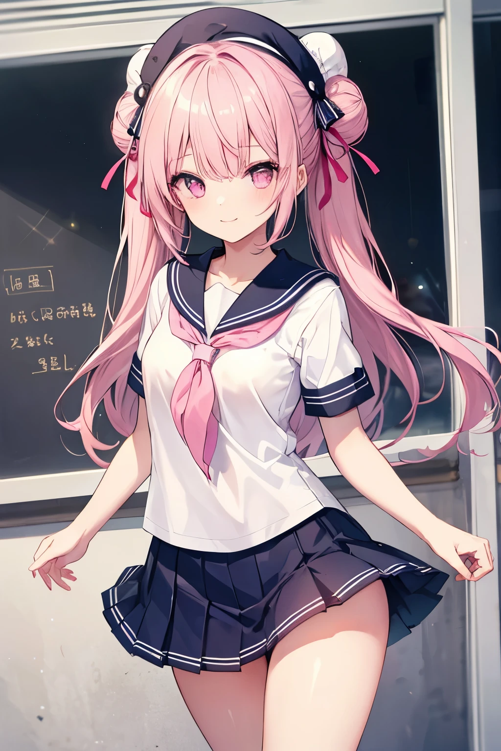 Pink Hair、Pink Eyes、girl、Small breasts、Bun Hair、girl、Small breasts、Lolita、Bright smile、Looks about 15 years old、Petan Musume、short、目のhighlight、Sexy thighs、School、Short-sleeved sailor suit、mini skirt、Your eyes are so beautiful、highlight