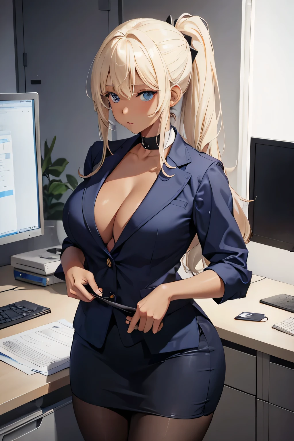 woman, Double ponytail blonde, blue eyes, Dark brown skin, Large Breasts, Dressed in office ladies and tights.