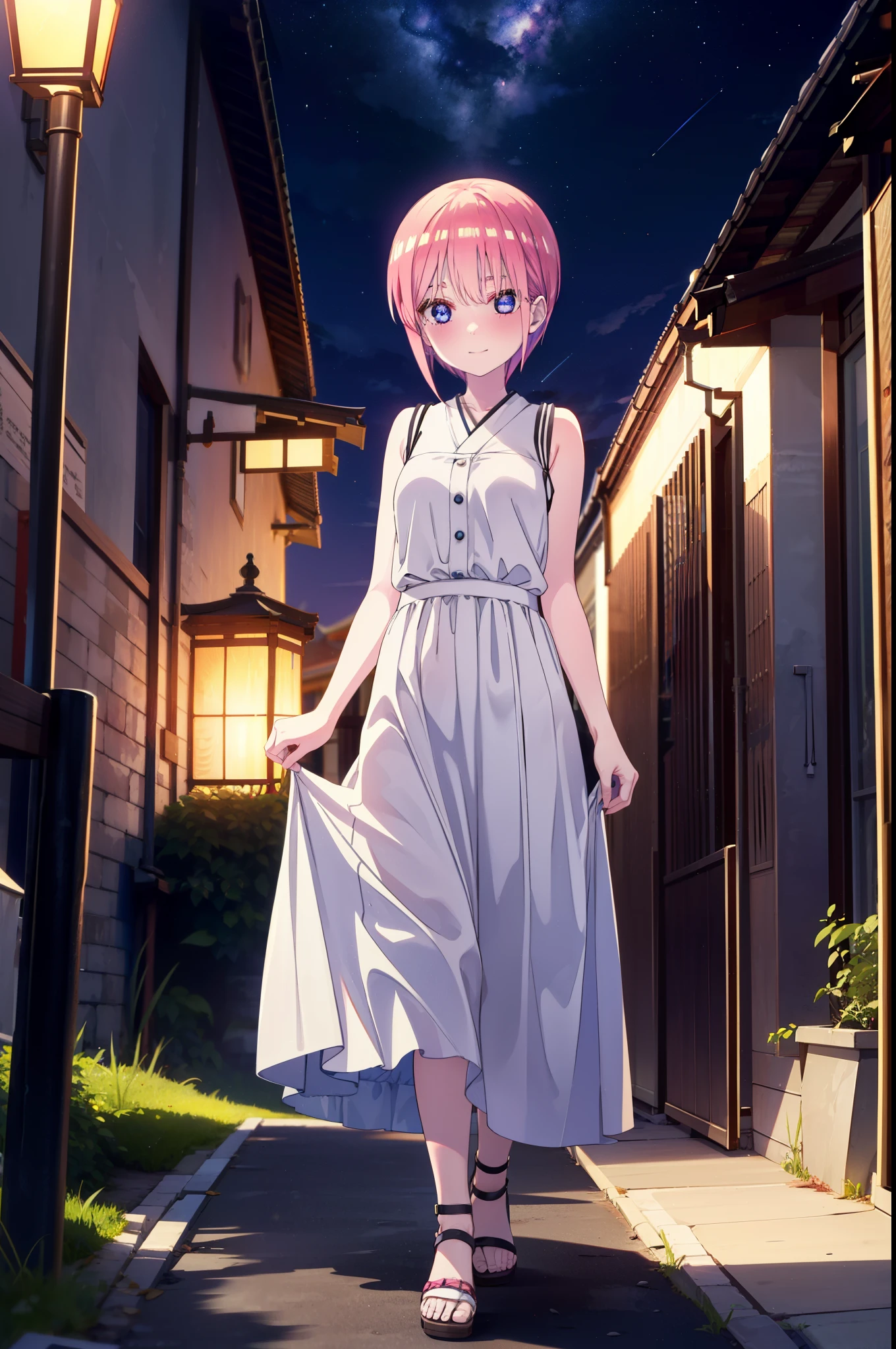 ichikanakano, ichika nakano, short hair, bangs, blue eyes, Hair between the eyes, Pink Hair,smile,Sleeveless white dress,Bare arms,White long skirt,Cute heeled sandals,whole bodyがイラストに入るように,Looking down from above,walk,moonlight,night,ロマンチックなnight景,Starry Sky,shooting star,Looking up from below,stone stageに座っている,
break outdoors, shrine,stone stage,Building district,
break looking at viewer, whole body,
break (masterpiece:1.2), highest quality, High resolution, unity 8k wallpaper, (shape:0.8), (Beautiful details:1.6), Highly detailed face, Perfect lighting, Highly detailed CG, (Perfect hands, Perfect Anatomy),
