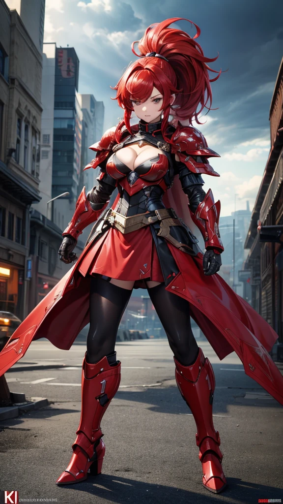 red-haired beauty knight，Short ponytail，Chest，cleavage，black tights，Red sci-fi armor，Long skirt，iron boots，whole body，Standing，Doomsday City(masterpiece, best quality, high quality, High resolution, Extremely detailed),